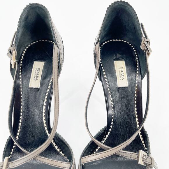 Vintage Prada Gray and Black Brogue Oxford Pointed Toe Mary Jane Heels IT 37 - Picture 8 of 11